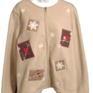 Croft& Barrow tan full zip fleece jacket cardinals snowflakes